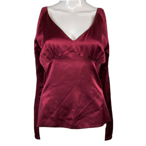 Cate Lyon Shirt Women Sz S Burgundy Silk V Neck Open Back Long Sleeve Zip Blouse
